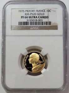 1975 GOLD FRANCE ONLY 39 MINTED PIEFORT 10 CENTIME NGC PROOF 66 ULTRA CAMEO - Picture 1 of 2