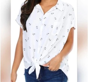 Sabrina Lauren Mujer Ancla Top Manga Corta Estampado Botón Abajo Talla PM NUEVO CON ETIQUETAS - Imagen 1 de 10