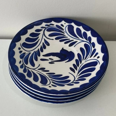 Juego de 4 Platos Mexicanos Vintage Anfora Puebla Azul Pintados a Mano Pájaro Remolinos 6" Foto 1 de 4
