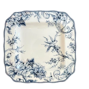 222 Fifth Adelaide Blue Salad Plates 8.5in Square Set of 4 Bird & Floral Design  - Picture 1 of 7