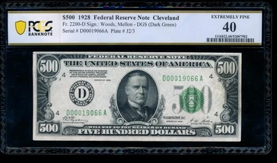 AC 1928 $500 FIVE HUNDRED DOLLAR BILL Cleveland PCGS 40 - Image 1 of 2