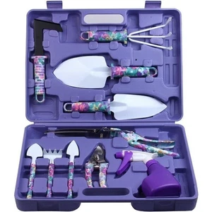 10 Pcs Gardening Tools with Purple Floral Print Trowel Rake Weeder Pruner Shears - Picture 1 of 7