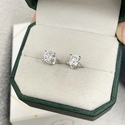 耳钉 钻石耳环 认证 E VS1 圆形 Ideal 3 克拉 Labcreated 14K 白金 — 第 1/4 张图片