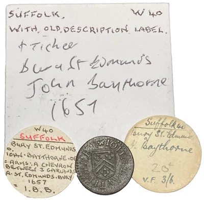 1657 Suffolk BURY St EDMUNDS hammered FARTHING token JOHN BAYTHORNE family arms - Image 1 of 4
