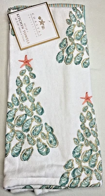 COASTAL COLLECTION KITCHEN TOWELS (3) OYSTER SHELL CHRISTMAS TREES  18 X 28  NWT - Image 1 of 3