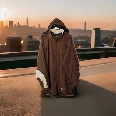 REEBOK Size L Brown FULL ZIP Removable Hood WINDBREAKER JACKET Embroidered Logo - Image 1 of 4