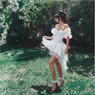 Vintage Bohemian Corset Lace Victorian Wedding Mini Dress - Image 1 of 4