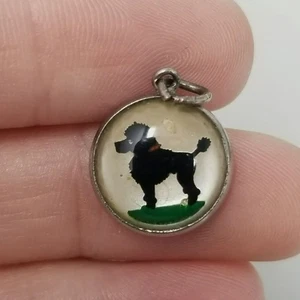 Vintage Sterlingsilber schwarzer Pudel Hund Charm Anhänger umgekehrt bemalt Glas - Bild 1 von 8