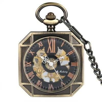Open Face Mechanical Skeleton Pocket Watch with Chain for Men Wind Up Watches - Image 1 of 4