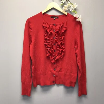 Cárdigan suéter para mujer Chaus rojo volantes abotonados vacaciones Navidad Lg [G] Foto 1 de 4