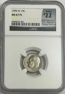 1996 W Roosevelt Dime NGC MS67 PL #22 Of 100 Greatest US Modern Coin Proof Like - Picture 1 of 3