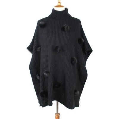Kate Spade Black Turtleneck Pom Pom Detail Ribbed Knit Poncho Cape Sweater OS - Image 1 of 4