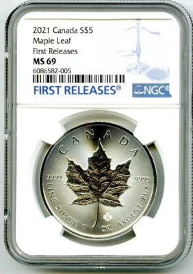 2021 $5 CANADA 1 OZ SILVER MAPLE LEAF NGC MS69 RARE FIRST RELEASES BLUE LABEL - Image 1 of 2