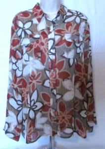 Blusa para mujer Alfred Dunner talla 12 marrón blanca y oxidada floral años 70 look abotonada - Imagen 1 de 6