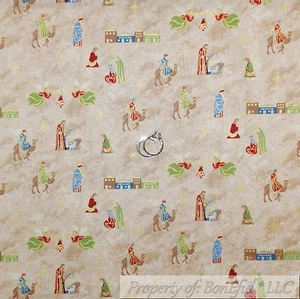 BonEful Fabric FQ Cotton Quilt VTG Brown Gold Metallic Manger Scene Angel S Star - Picture 1 of 12