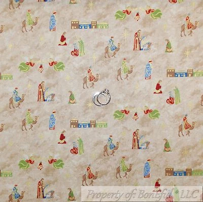 BonEful Fabric FQ Cotton Quilt VTG Brown Gold Metallic Manger Scene Angel S Star - Image 1 of 4
