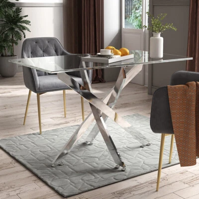 ONLINE-BUYINGUK Contemporary Clear Glass Dining Table Cross Chrome Legs Rectangle Kitchen Table