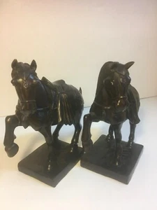 ANTIQUE WOOD CARVED EUROPEAN ASIAN PAIR HORSE BOOKENDS SCULPTURE ART - Picture 1 of 9