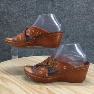 Clarks Artisan Sandals Womens 7.5M Slip On Brown Leather Wedge Heel Cross Strap - Picture 1 of 17