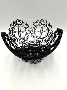 Vintage Black Metal Pedestal Spanish Revival Scroll Fruit Basket 8" Diameter - Picture 1 of 8