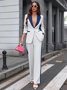 Women's Chic Contrast Lapel Blazer & Wide-Leg Pants Suit - White & Navy 🎭✨ - Picture 1 of 8