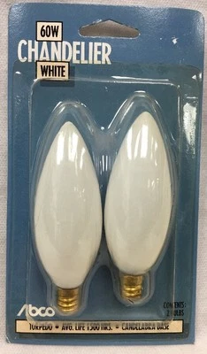 60B10/W 60 Watt WHITE B10 Torpedo Light Bulb Candelabra Base # 03790 2-pcs - Image 1 of 4