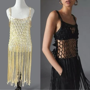 UO Coquette Dainty See Through Satin Ribbon Bow Fringe Midi Top in Blush Small - Picture 1 of 12