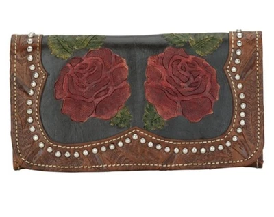 Бумажник American West из натуральной кожи с розами красный новый без ценников с цветочным узором Southwest 99 долл. США - Изображение 1 из 4