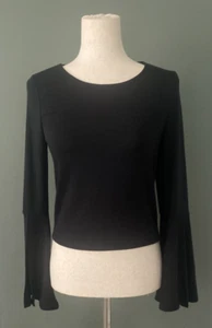 RYU Womens Medium Ideal Black Long Bell Sleeve (Split Flare) Cropped Top NEW - Picture 1 of 16