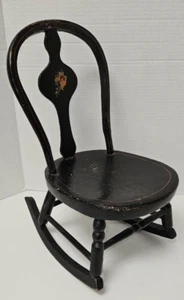 Childs Antique Rocking Chair Black Bent Wood Spindle Rose Decal Doll Antique - Picture 1 of 8