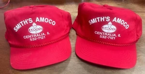 2 New Vintage Smith’s Amoco Trucker Hat Cap Snapback Red Centralia Illinois - Picture 1 of 6