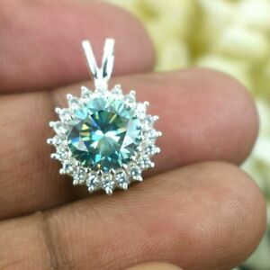 Certified 3.10 Ct. Green Blue Fancy Color Diamond Pendant 14K White Gold Over