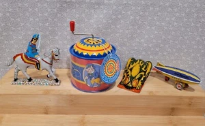 VTG ZZ Germany Graf Blimp Soldier Horse Frog Litho Schylling Music Box Tin Toys - Picture 1 of 19
