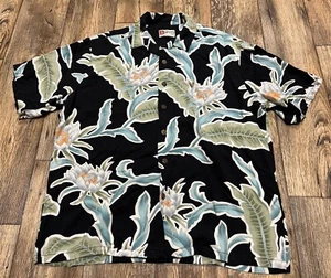 Vtg Hilo Hattie XL Hawaiian Shirt Black Blue Floral Rayon Mens USA Made - Picture 1 of 5