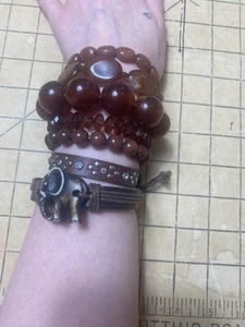 Y2K Bracelet Lot Of 7 Brown Beads Leather Boho - Picture 1 of 10