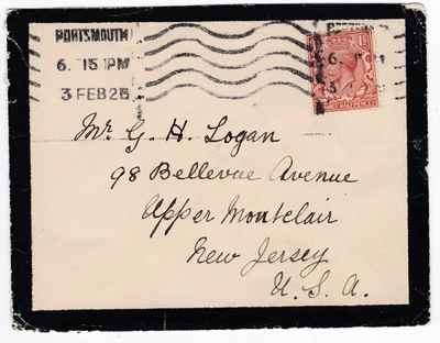 1925 KGV 1½d RED STAMP ON PORTSMOUTH MOUTNING COVER TO NEW JERSEY USA - Image 1 of 3