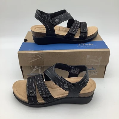 Sandalias combinadas Clarks Collection para mujer Calenne Clara de cuero negro talla 6,5 M nuevas Foto 1 de 4