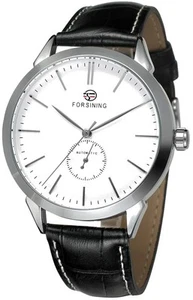 Men's Minimalist White Dial Automatic Watch Stainless Steel with Leather Stra... - Picture 1 of 6