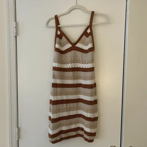 Ultra Flirt Women’s Crochet Dress Tan Stripes Size L Beachwear Vacation Outfit - Picture 1 of 5