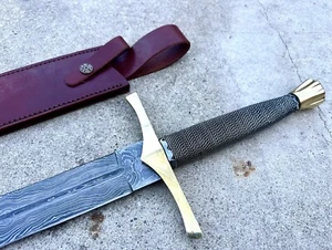 Double Handed Damascus Steel Sword Razor Sharp Brass Hilt Medieval Sharp 33” - Picture 1 of 10