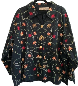 Life Style Woman Embroidered Floral Jacket Black Long Sleeve Button Measures XL - Picture 1 of 6