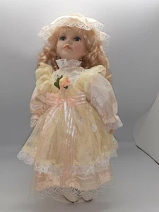 Porcelain Doll with lace dress and pink hat - Picture 1 of 6