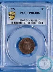 1874 1C Indian Head Cent PCGS PR64BN - Distinctive Browns in TrueView - Picture 1 of 14