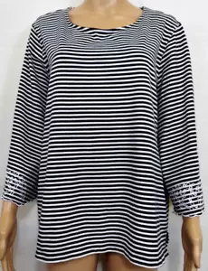 Top mujer ALLISON DALLEY talla 1X blanco y negro a rayas bordado manga larga - Imagen 1 de 11