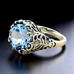 VICTORIAN STYLE FILIGREE 925 SOLID STERLING SILVER SIMULATED AQUAMARINE RING 738 - Picture 1 of 3