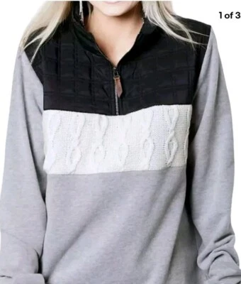 BKE BLACK CREAM CABLE KNIT GRAY QUARTER ZIP PIECED PULLOVER SZ S  - Image 1 of 4