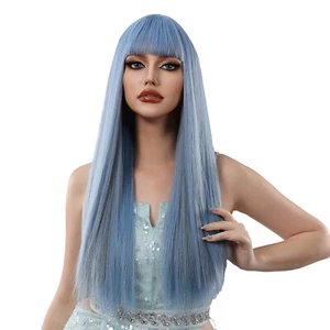 Blue Long Straight Hair Wigs with Bangs Soft and Dreamy Women's E2F2 - Picture 1 of 12