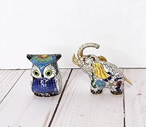 Vintage Cloisonné Enamel Owl Figurine , Elephant Figurine, 2 inches - Picture 1 of 9