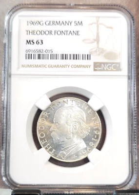 1969 GERMANY SILVER 5 MARK THEODOR FONTANE NGC MS 63 NICE LUSTER GREAT COIN - Image 1 of 3