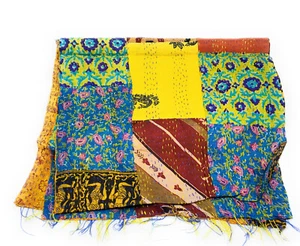 Silk Kanta Kantha Patchwork Scarf Handmade in India 78" x 13" - Picture 1 of 38